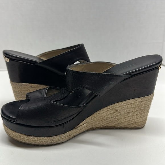 Jimmy Choo Pledge Espadrille Wedges Open Toe Shoes Leather Black Size 40 US 10 - Picture 9 of 13